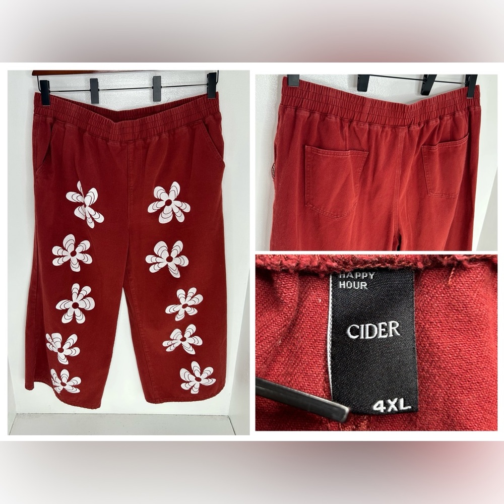 Cider Jeans Red Denim Cotton Flower Print Wide Legs Pants Size 4XL Boho 40x27